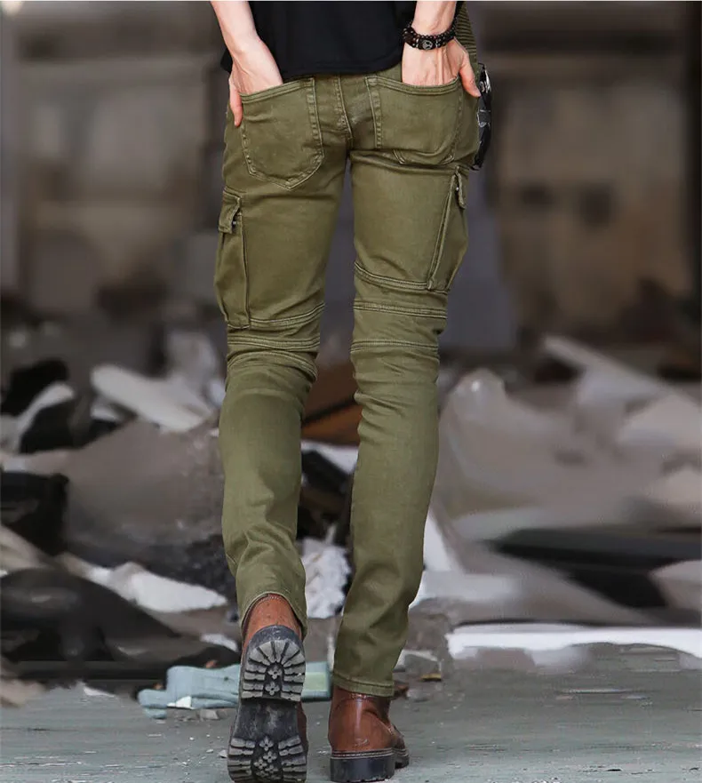 Male jeans trouser hip hop streetwear oem custom distressed skinny denim mens army green biker jeans men with zipper