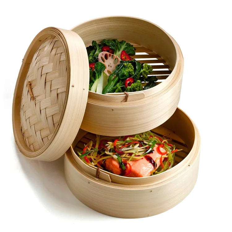Bamboo Steamer Basket 10 Inch 2 Tier - Steam cooker for dim sum dumplings, bao bun, rice, fish, vegetable, handmade kitchen cook