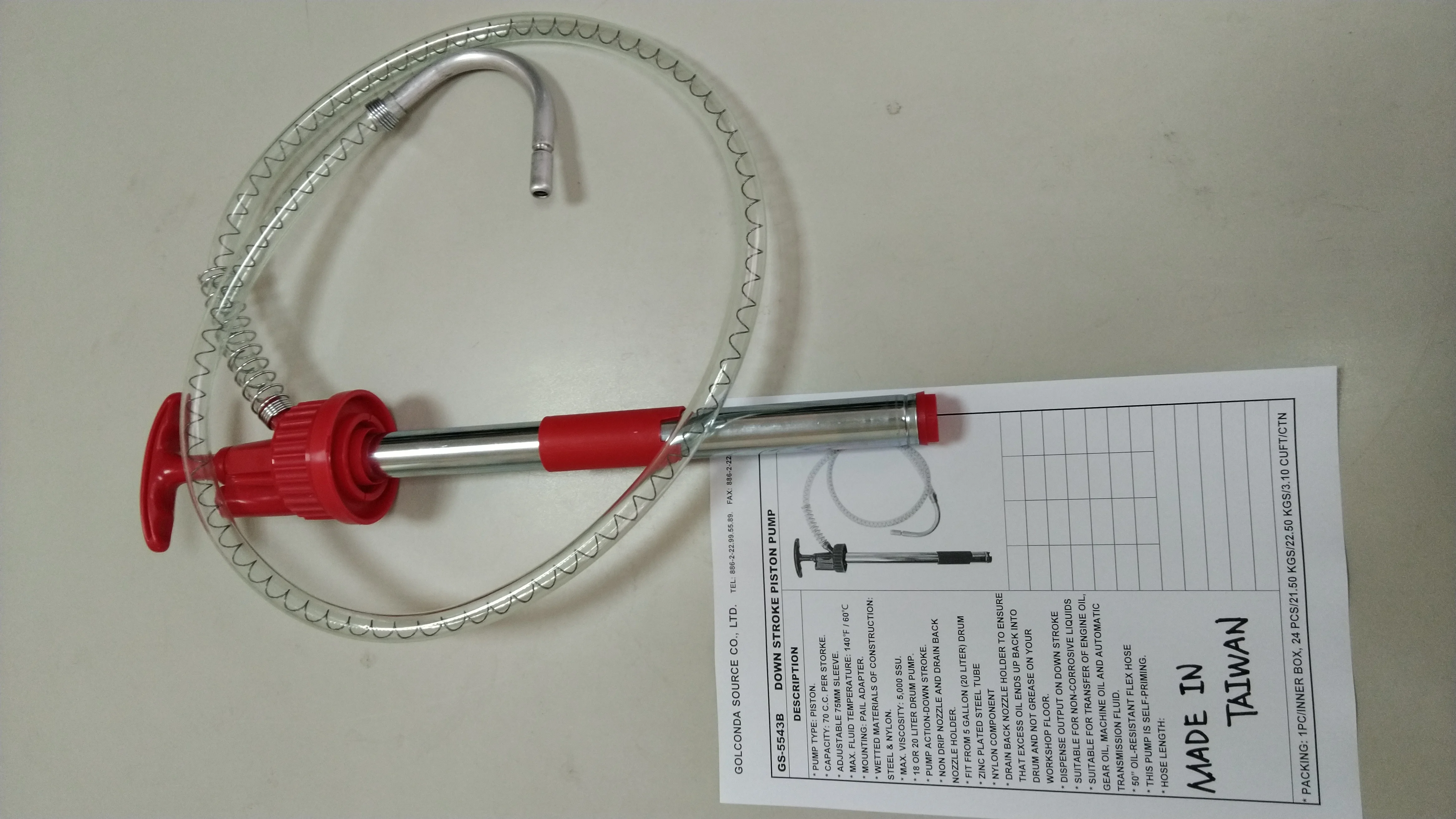 SELF-PRIMING DOWN HAND STROKE PISTON ACTION 5 GALLON DRUM PUMP WITH 3 FEET HOSE (GS-5543B)