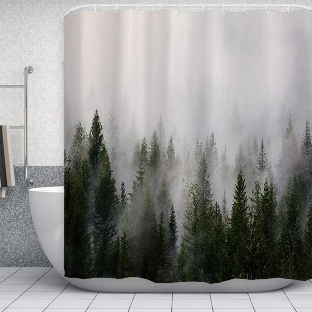 Misty Forest Shower Curtains Nature Fantasy Fog Magic Tree Bath Curtain