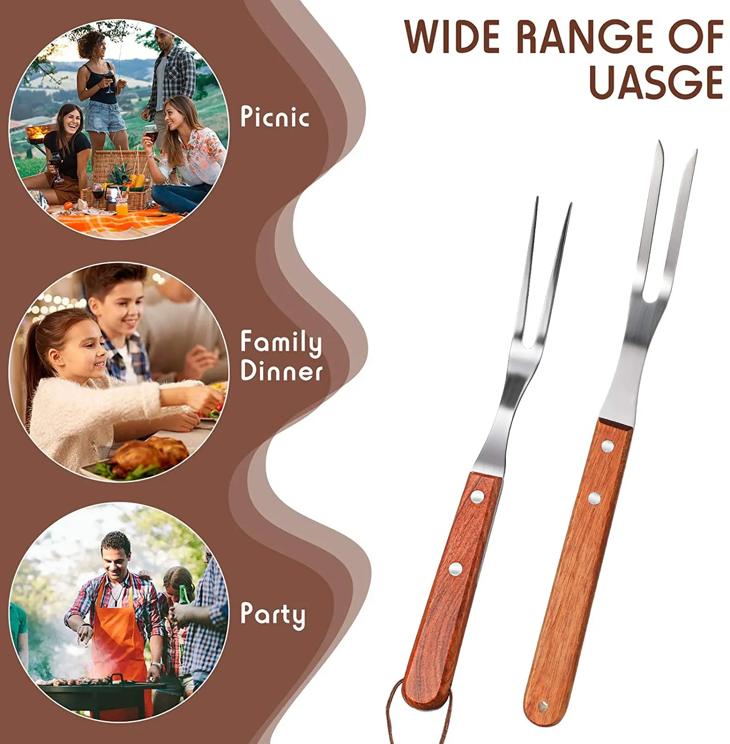 Professional Factory Telescopic BBQ Fork Marshmallow Roasting Sticks Barbecue Forks with Wooden Handle 31 to 81cm Stylish Bag