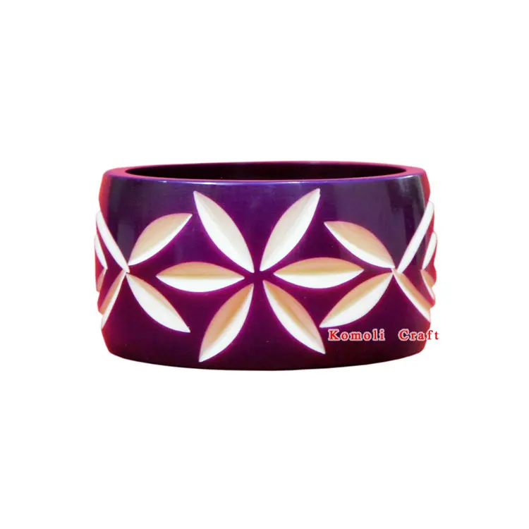 Purple flower two tone wide bakelite carving carved resin bangle bracelets vintage jewelry