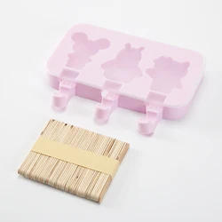 Splendid 3 Cavities Homemade Bear Shaped Silicone Popsicle Ice Lolly Molds with 50 Wooden Sticks