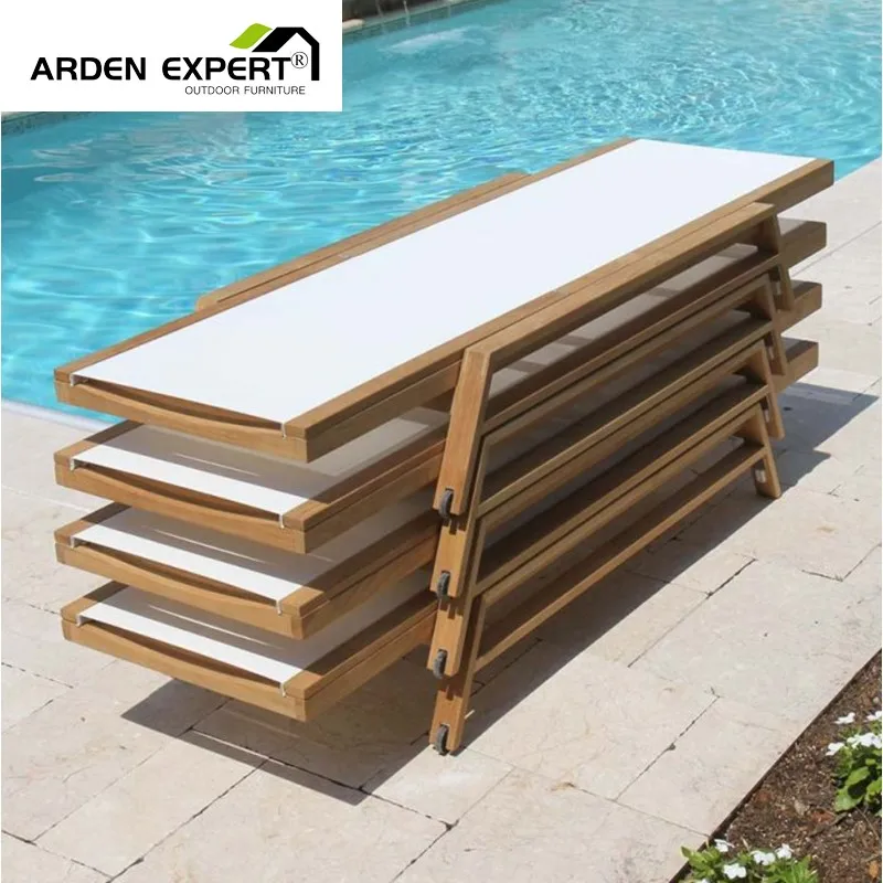Outdoor Teak Furniture Waterproof Fabric Wood Sun Lounger Poolside Teak Sunbed