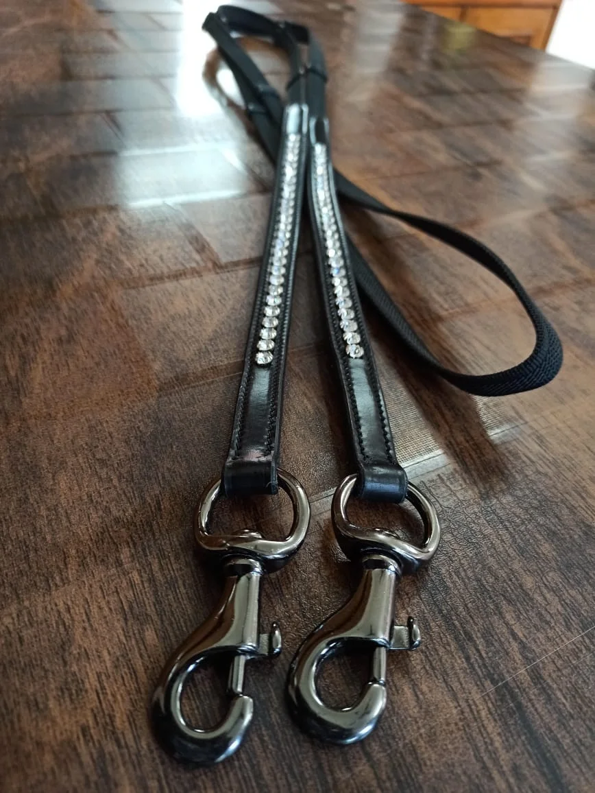 Black Leather Reins White Crystal Brass buckle  Horse Equipment Equestrian Rub International