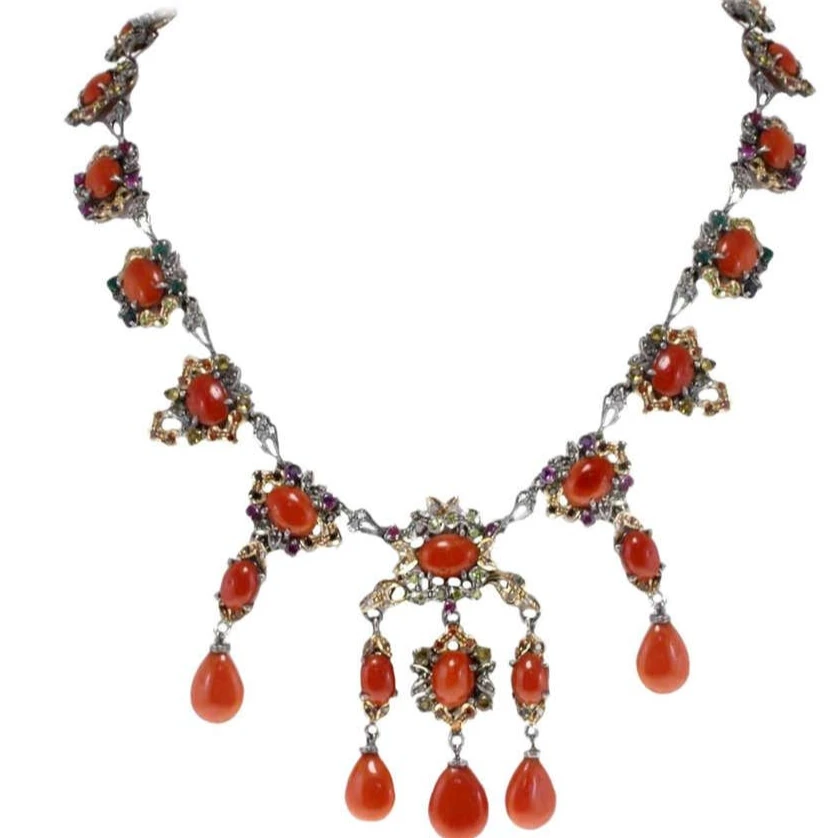 
Diamonds,Sapphires,Rubies,Emeralds,Red Corals and Drops,RoseGold/Silver Necklace 