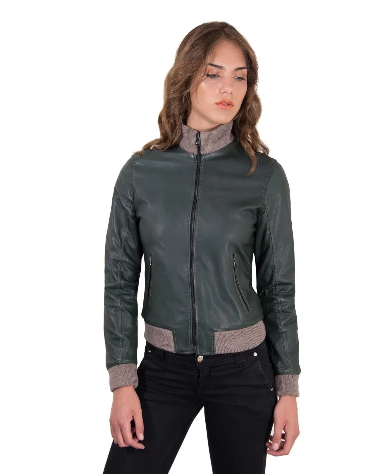 
Green Color Lamb Leather Bomber Jacket Vintage Effect Genuine leather jacket bomber central zip smooth soft leather 