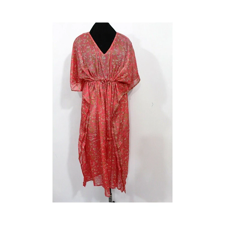 Top Quality Silk Fabric Printed Design Kaftan Casual Wear Beach Cover Up Long Dress in Red Color for Girls and Women