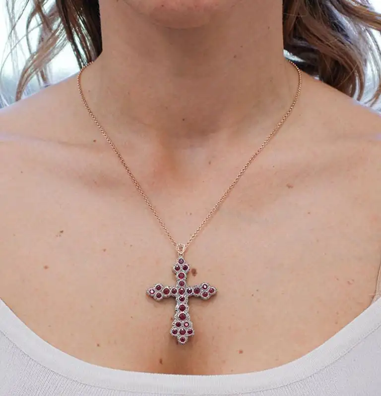
Diamonds, Rubies, 9 Karat Rose Gold and Silver Pendant Necklace 