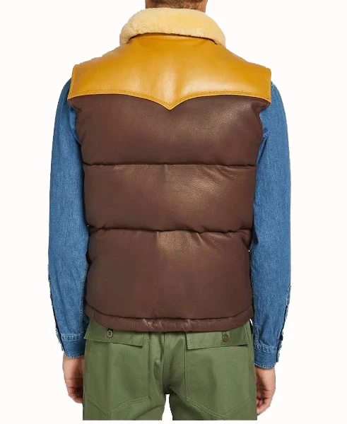 Men Down Leather Jacket Vest Shearling Collar Puffer Quilted Casual Fashion Sleeveless Padded Winter Jacket Vest OEM Wholesale