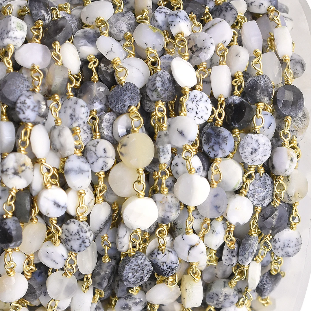 Dendritic Opal Coin Shape, Gold Plated 925 Sterling Silver Rosary Wire Wrap Chain Jewelry.