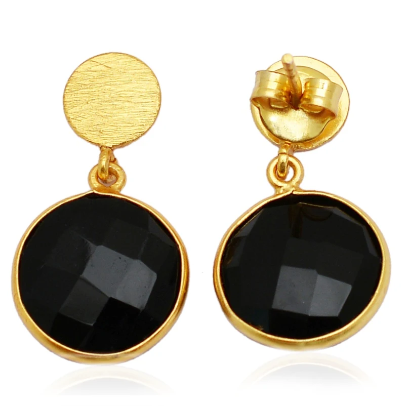 925 Sterling Silver 14K Gold Plated Color Black onyx Gemstone Drop Earrings