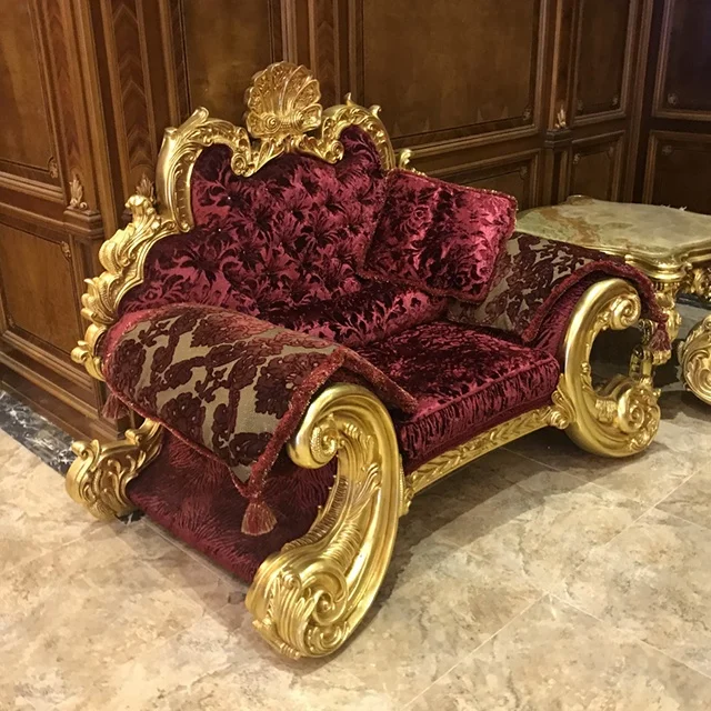 Red Gilded Grand Sofa, Baroque Style Milan Sofa Sets Large Sofa, Velvet Luxurious Royal Gilded Gold Leaf 24K Living Room Sofa