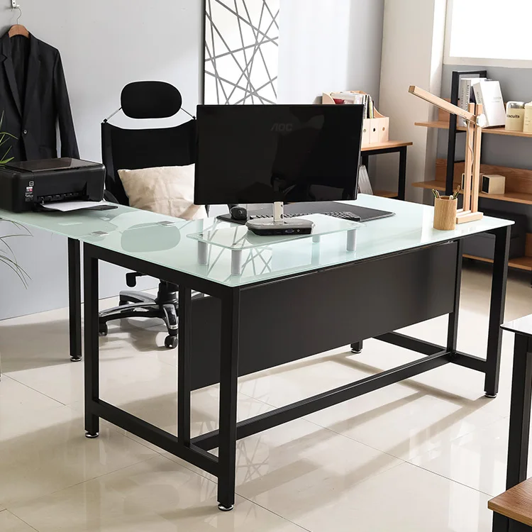Modern Home Office Computer Sturdy Table Laptop PC Reception Gaming Desk Red Tempered Glass Top Black MDF Furniture escritorio