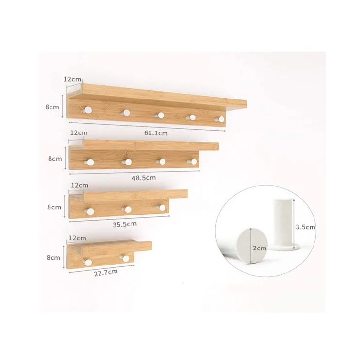 Wall Floating Shelf Bamboo Wood Floating Shelves Storage Display Racks With Hooks For Home Decor