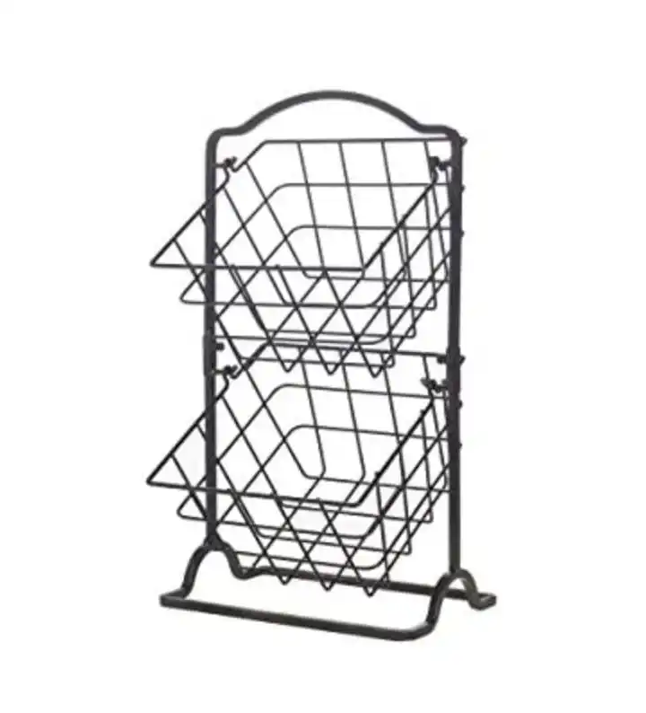 Home Kitchen Storage 2 tiers Powder Coated Metal Wire Vegetable Fruit Basket for Household Use