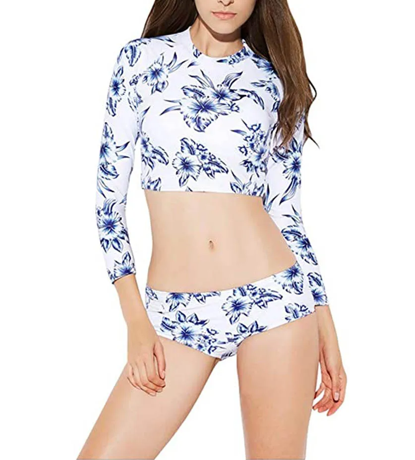 Bikinis Two-Piece Women Long Sleeve Swimsuit 2 Piece Cropped Bathing Suit Bikinis Swimwear Rashguard