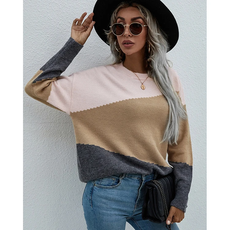 Hot Sale Women Pullover Crew Neck Color Block Long Sleeves Sweater Girls Stylish Knitted Pullover Sweater
