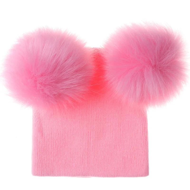 Winter Kids Babys Knit Hat With Two Fur Pompoms Boy Girls Faux Fur Ball Beanie Double Pom Pom Hat for Children Knitted Hats