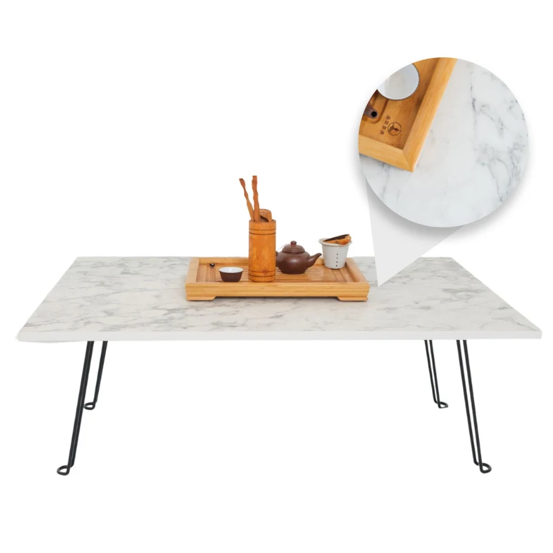 Оптовая продажа с завода, портативный стол мраморного цвета в японском стиле со складными ножками для столовой или гостиной
