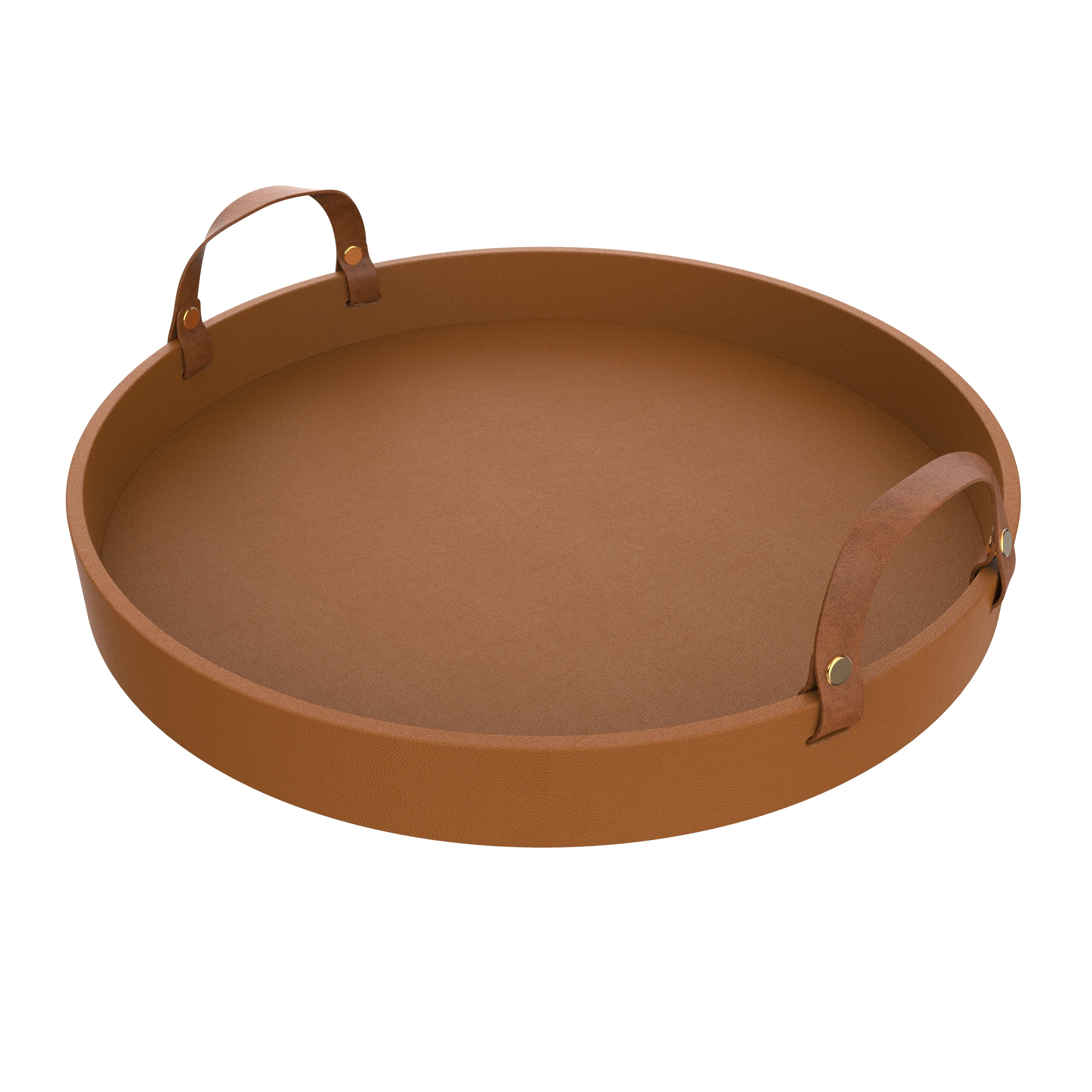 New Manufacturer Design Brown Round Shape Pu Leather Tray Wooden Tray For Restaurant Water Drink Serving with Leather Handle With SABER Certificate