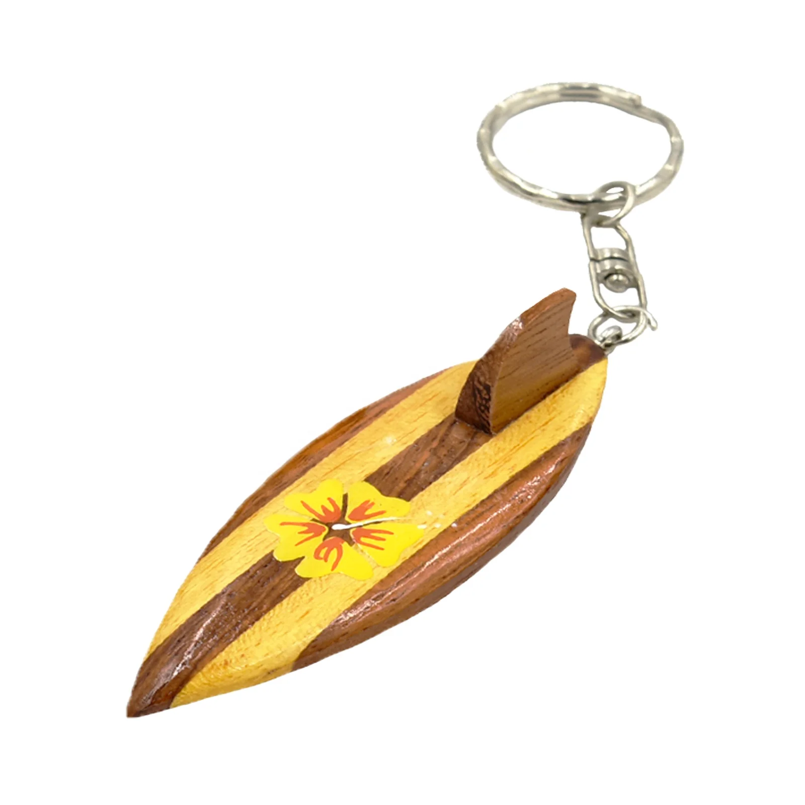 Best seller wood surfboard key chain with hand painted hibiscus flower key holder customized shape key ring