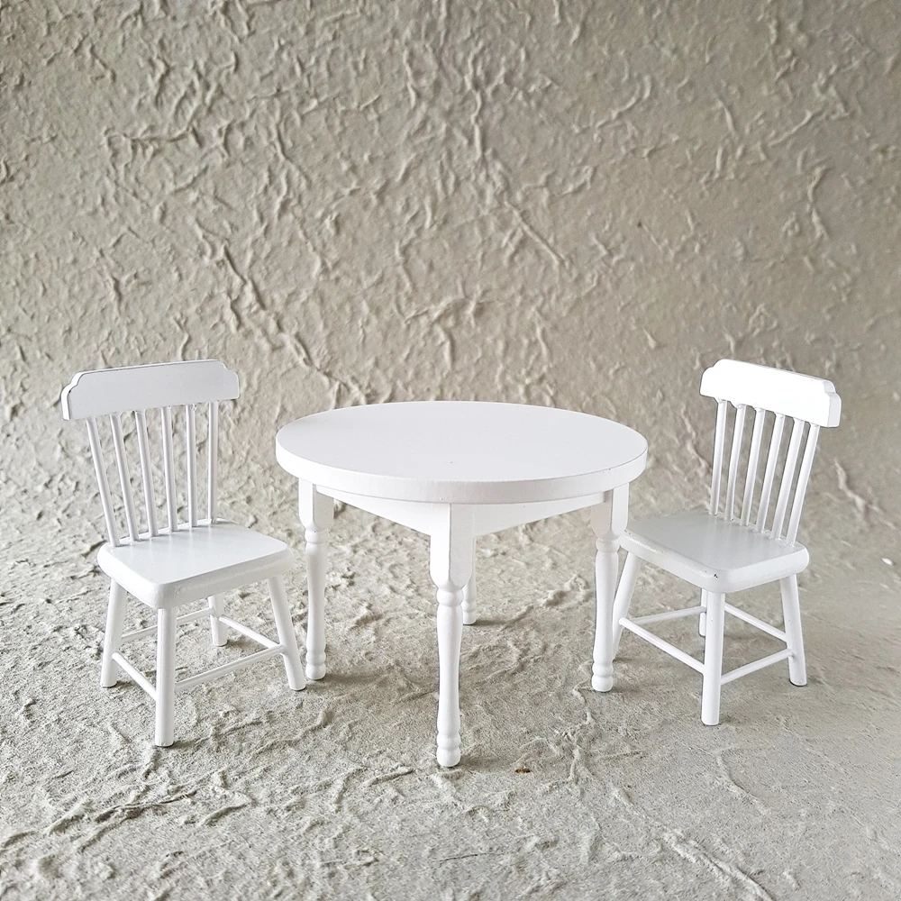 Dollhouse Miniature 1:12 Display White Wooden Table Chair Set DIY Toy Style Miniature Furniture