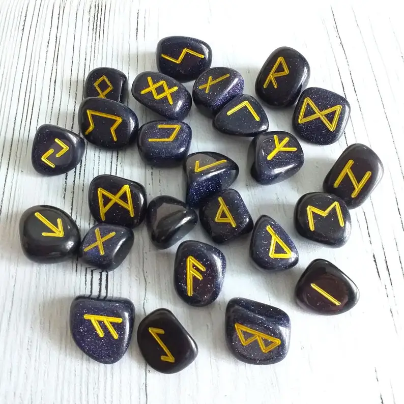 Синий золотой камень, 25 шт., кристалл старшего Futhark Rune, набор, восстанавливающая чакра, равновесие, гравировка, ручная работа, драгоценный камень Alfazal Agate