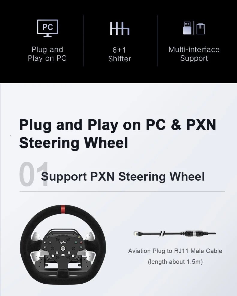 PXN V10 wired 900 degree force feedback vibration gaming steering wheel for pc, ps4, xbox series, with pedals and shifter