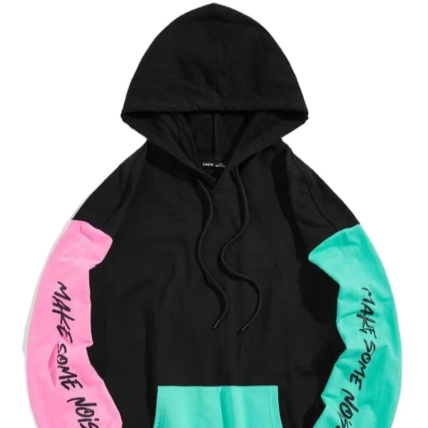 Men Slogan Graphic Color Block Drawstring Hoodie Thermal Lined Long Sleeve Printed Oversize Pullover Hoodies Wholesale