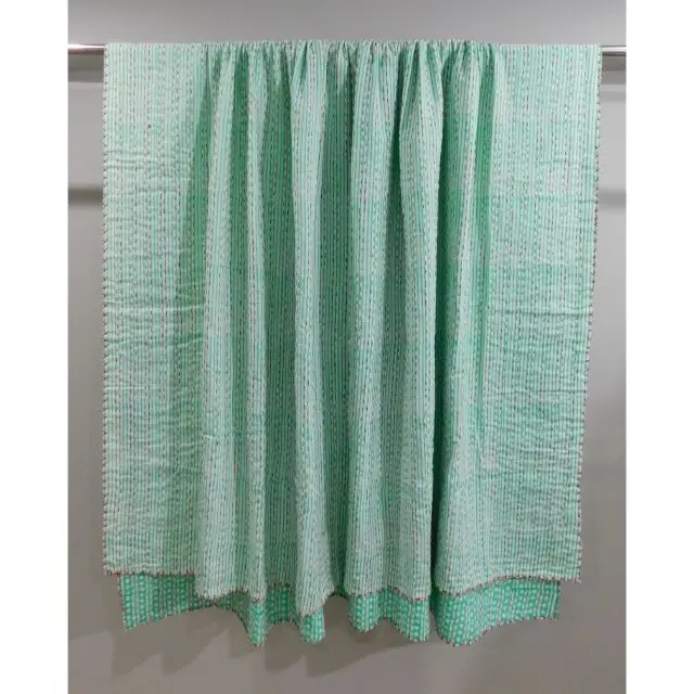 Handmade kantha quilt hand block printed bedding throw coverlet reversible cotton kantha bedspread queen and twin size bedcover