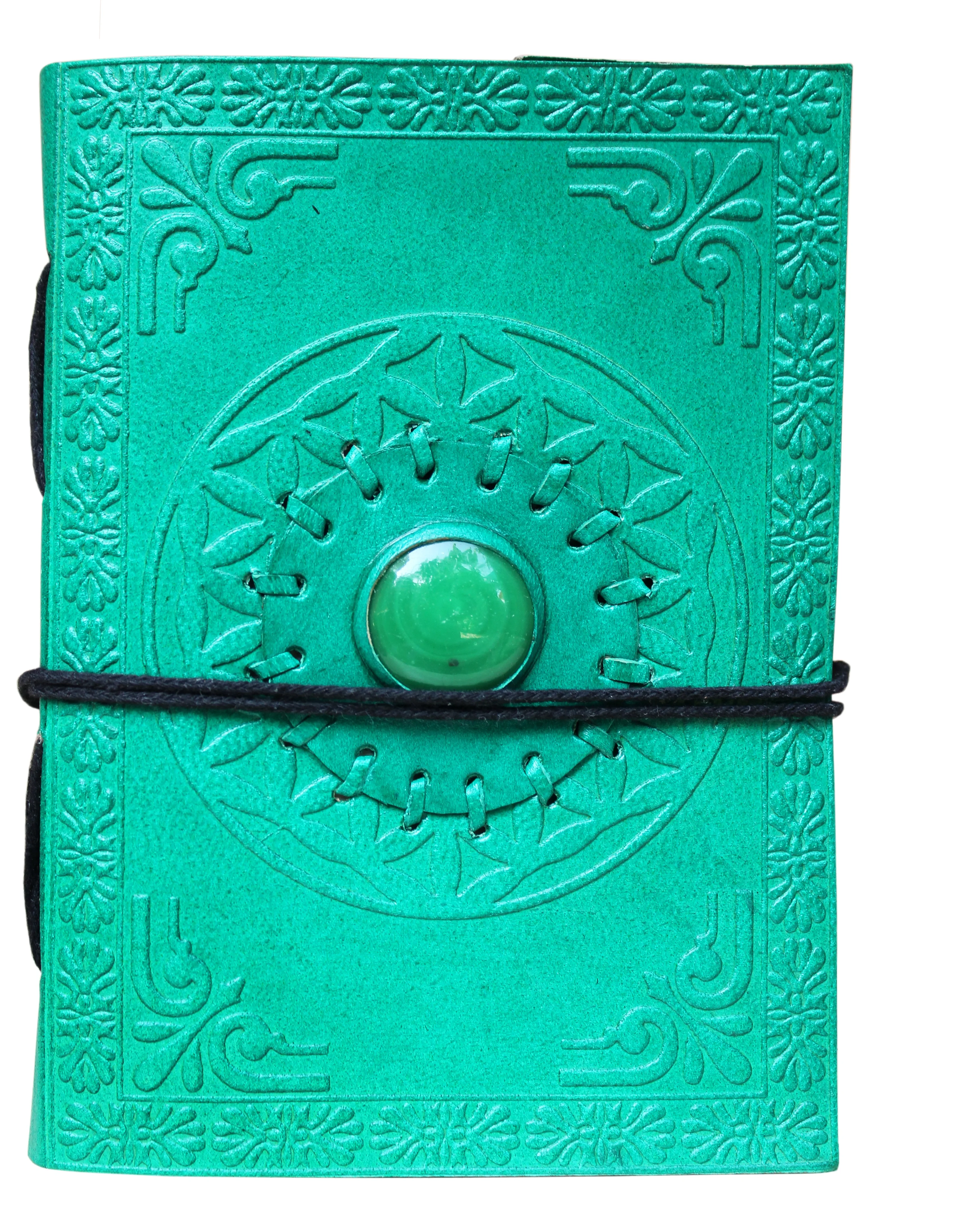 Handmade green color engraved leather journal with green color center stone genuine Leather Designer diaries with cord closure