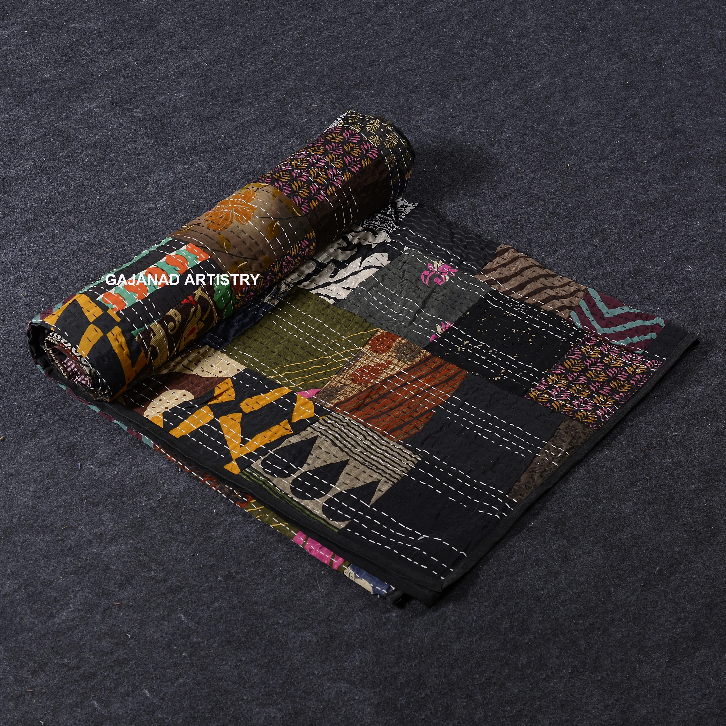 handmade kantha bedcover bedspread blanket coverlet patola silk patch work vintage indian quilt room decorative