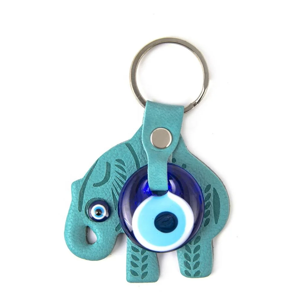 Elephant Shaped Evil Eye Beaded Imitation Leather Key Chain From Turkey