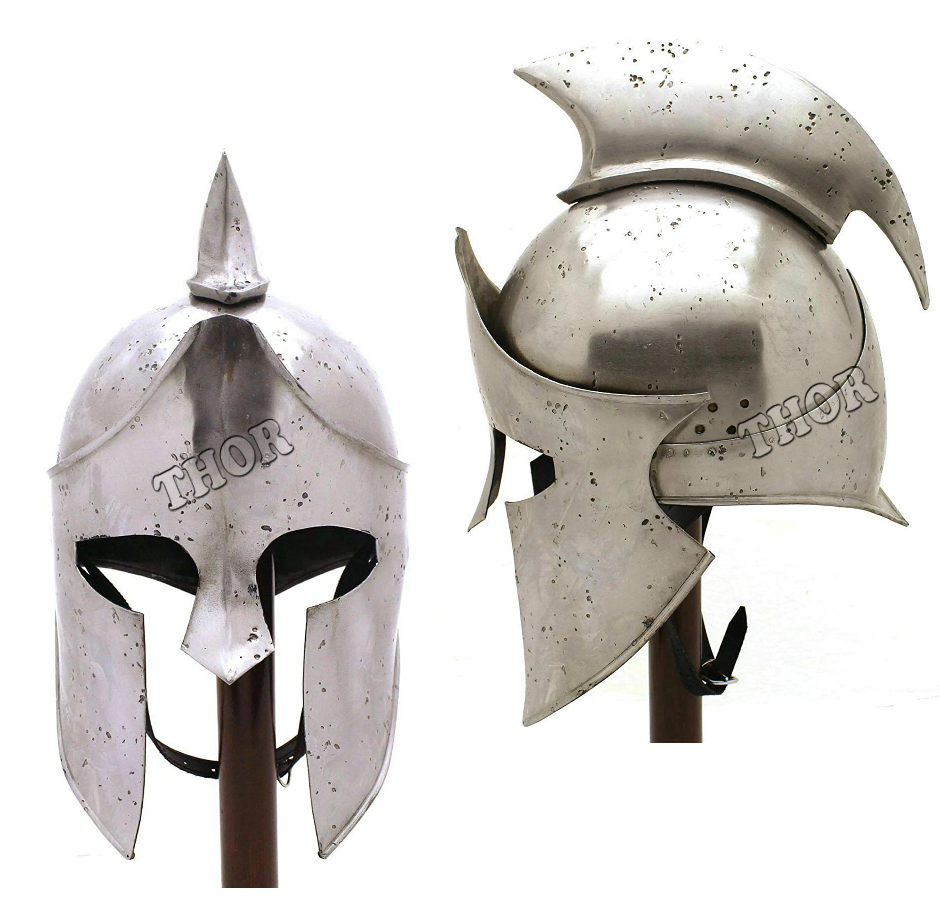 Medieval Armor Silver Helmet Knight Spartan 300 Movie King Leonidas Helmet Classical Costume W/Wooden Stand