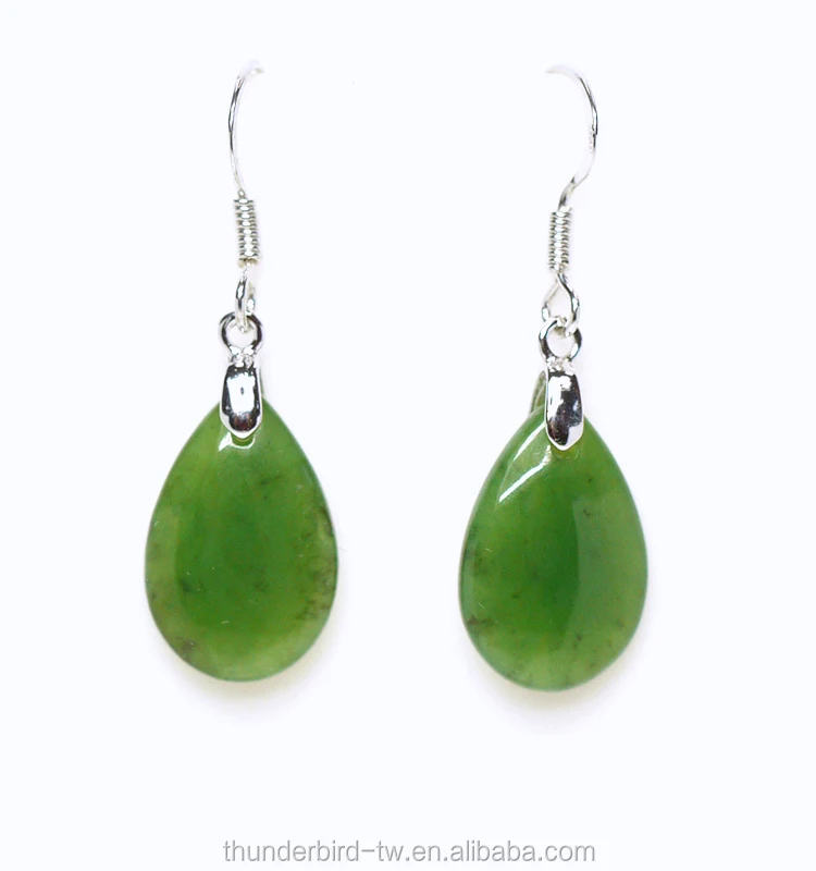 Fashion women 925 sterling silver tear pear Natural Genuine green jade nephrite jewelry hook pendant earring