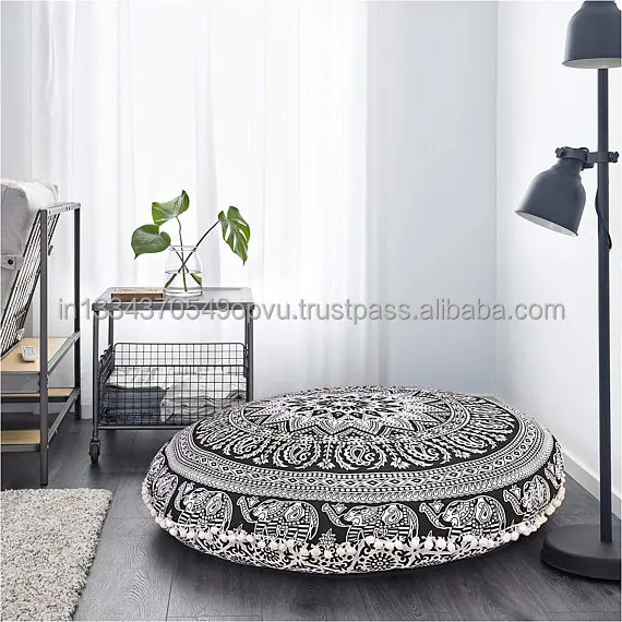Eye Catching Indian Hippie Traditional Round Elephant Print Floor Pillow Cover Contemporary Decor Pouf Case Mandala Cushion Case