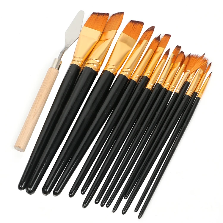 17pcs drawing black wood artist brush set nylon hair paint brush artist acrylic paint brush set with knife and sponge