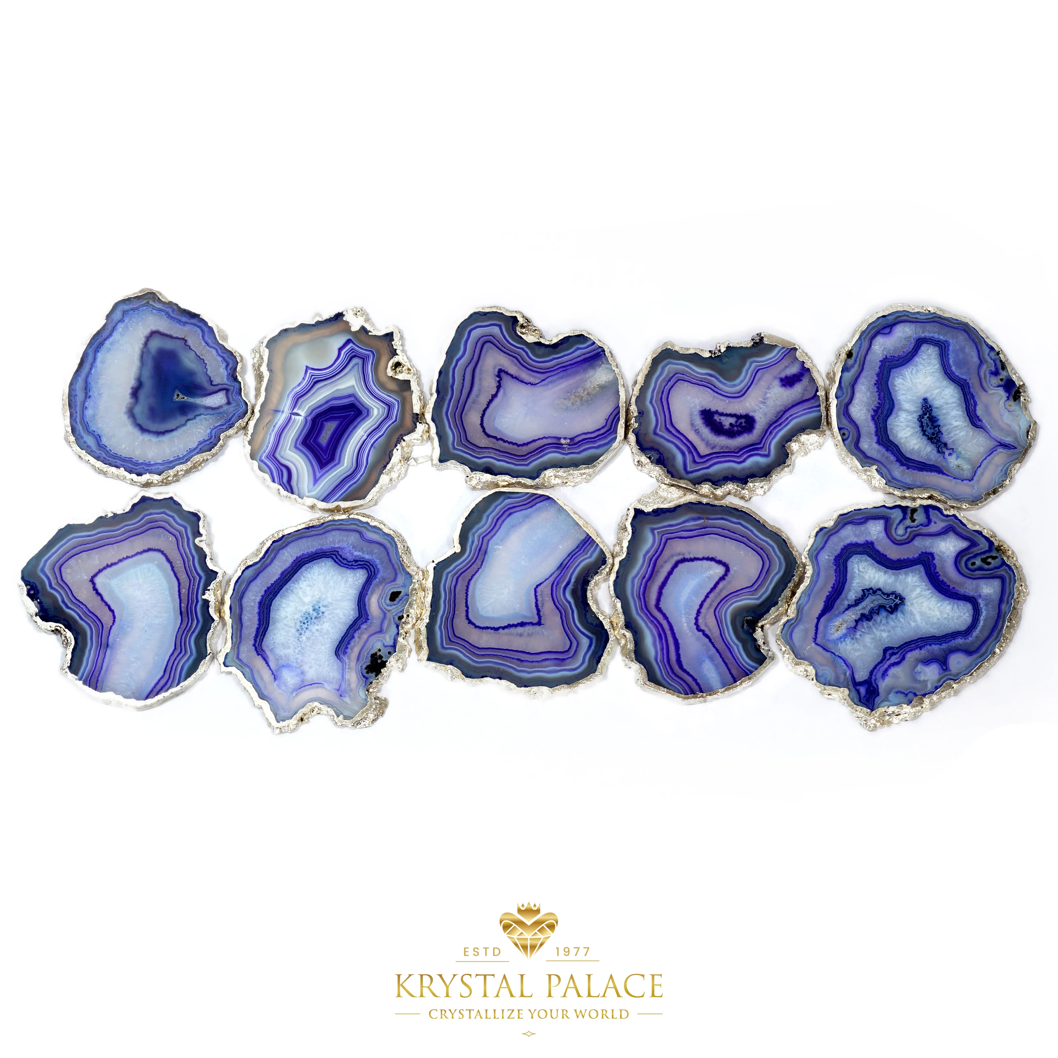 SET OF BLUE AGATE BANDED ONYX CRYSTAL TEA COASTER | SLICES WITH SILVER & GOLD PLATED SIDES BY KRYSTALPALACE