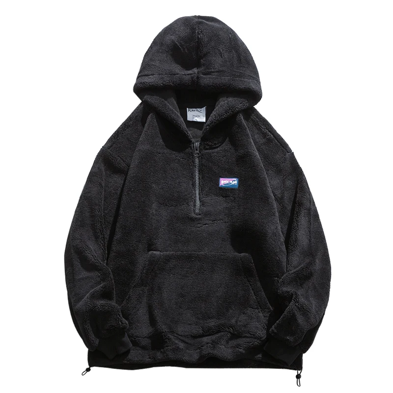 Heavy Plain Hoodies Teddy Fuzzy Black Sherpa Fleece Unisex Half Zip Orem Made Custom Oversized Cotton Hoodie
