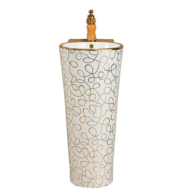 Chinese European Design Bathroom sinks Wash Basin Stand on-piece Pedestal golden color Basin