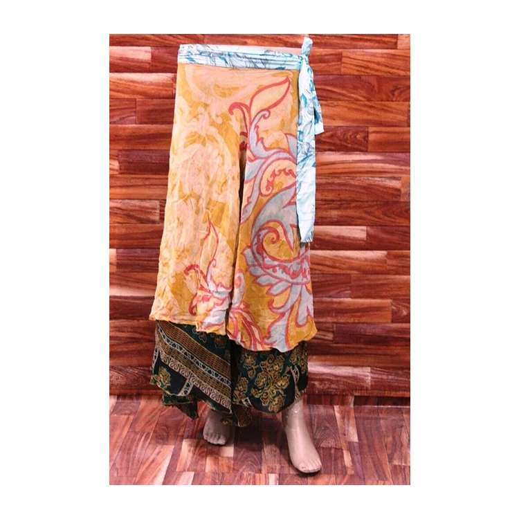 Hot Selling Beautiful Orange Color Vintage Recycled Silk Sari Wrap Around Skirts with Casual Belt and Lovely Printed Design