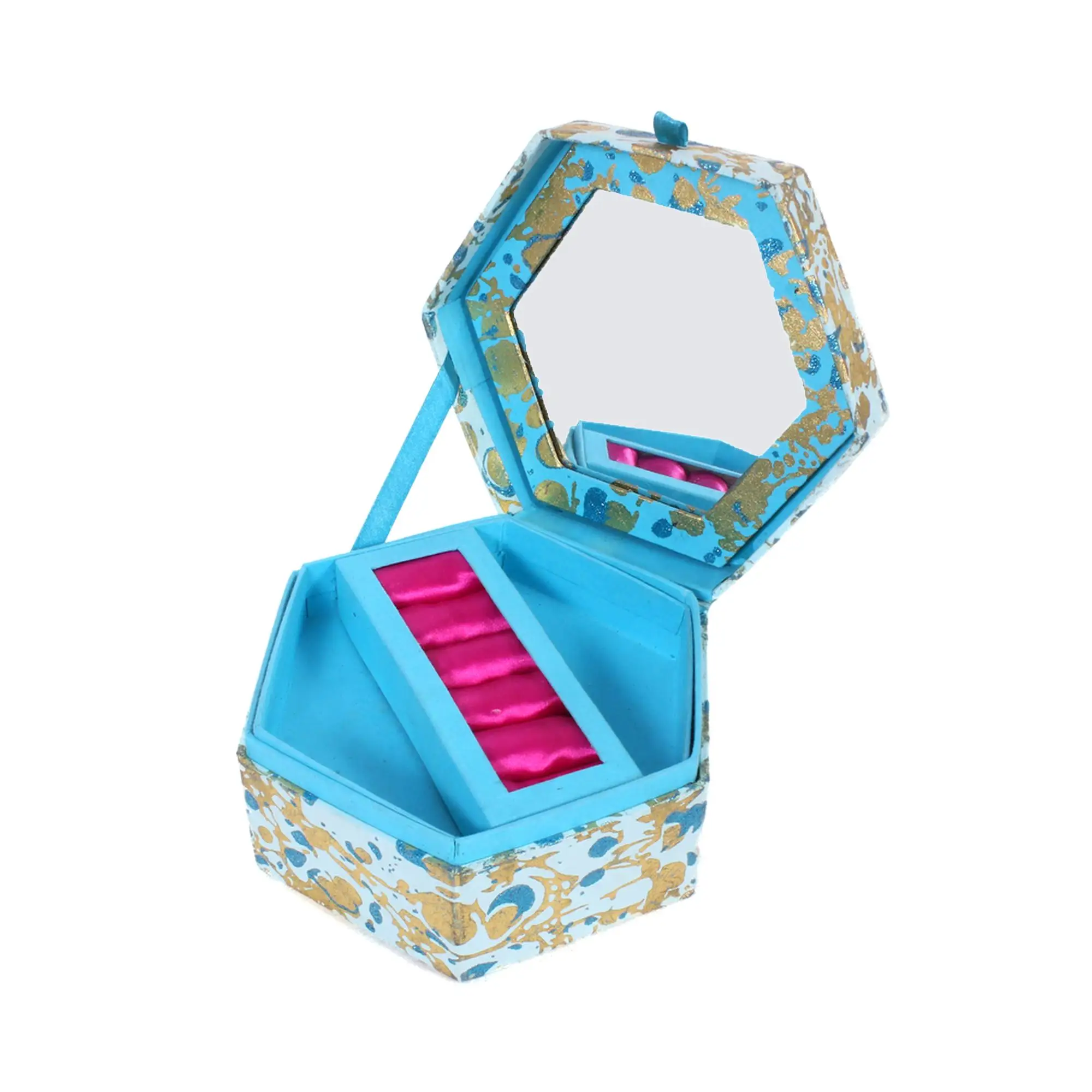 Hexagon Floral Print Designer Cardboard Storage Box with Mirror Handcrafted Jewelry and Cosmetic Luxury Blue Box Best Price