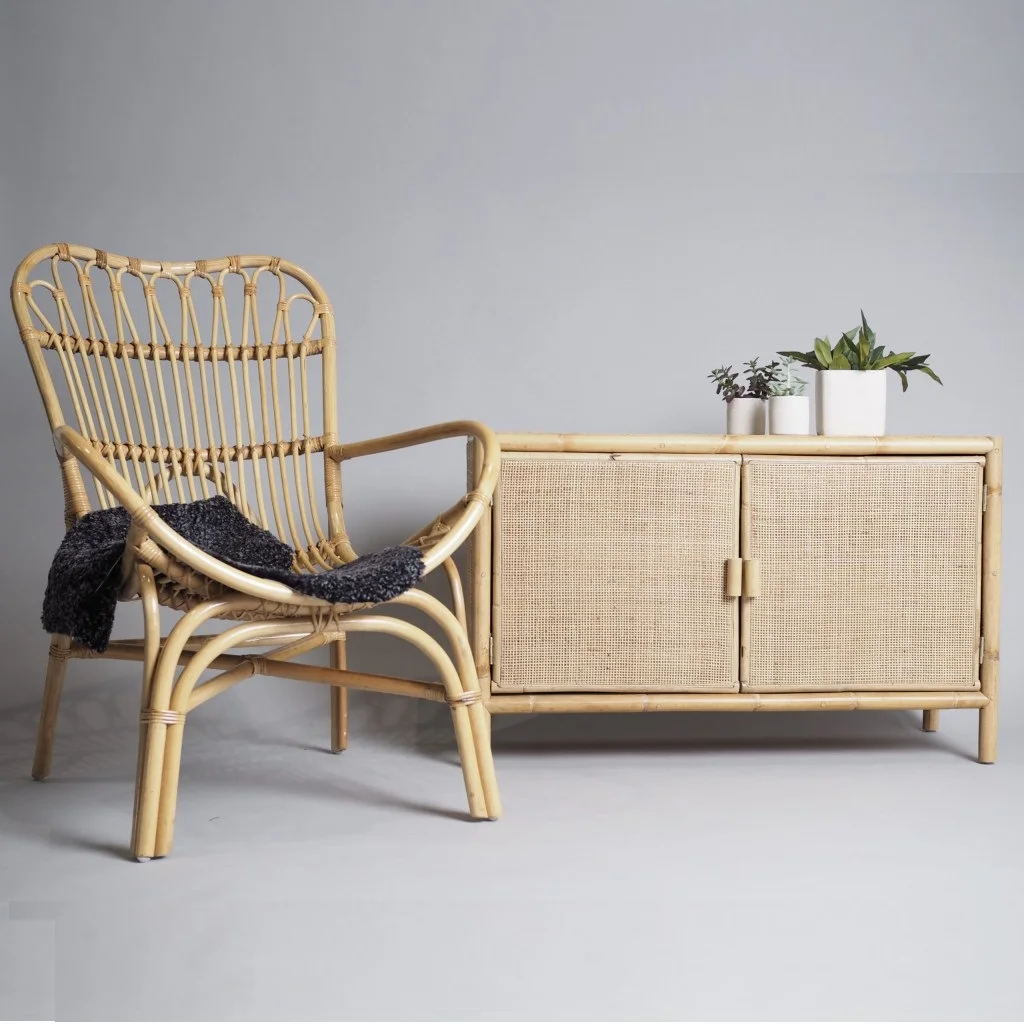 Rattan Plywood Wood Hand Crafted Living Room Bedroom Dining Natural Color Antique Rectangular Side Cabinet