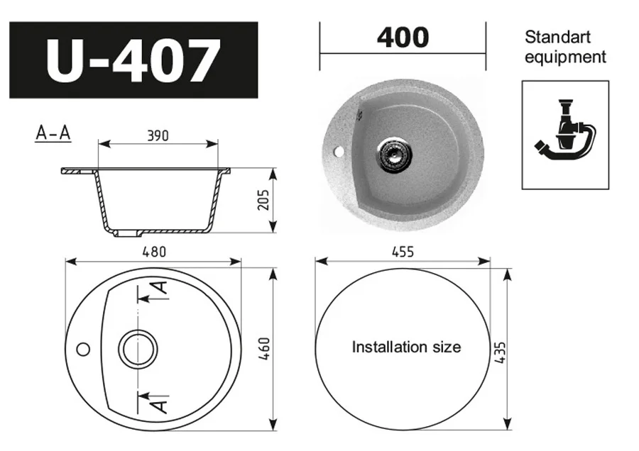 Round single basin kitchen sink ULGRAN U-407 with mixer tap hole composite stone round kitchen sink 12 colors