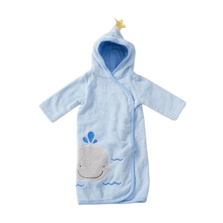 Cute Blue Whale Embroidery Luxury Cotton Kids Baby Bath Robe with custom logo