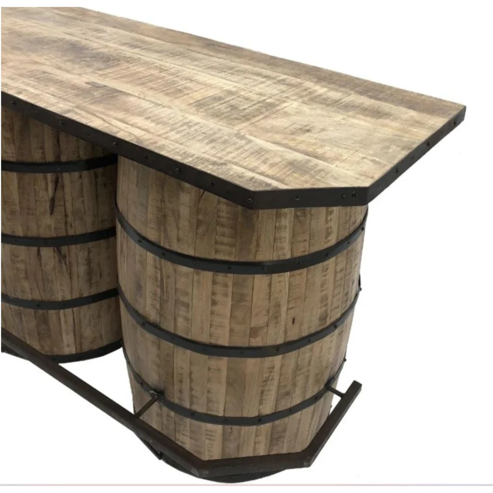 Solid Wood 2 Barrel Metal Footrest Shelf Antique Home Bar Cabinets Wine Living Room Hotel Pub Farmhouse Bathroom Hall