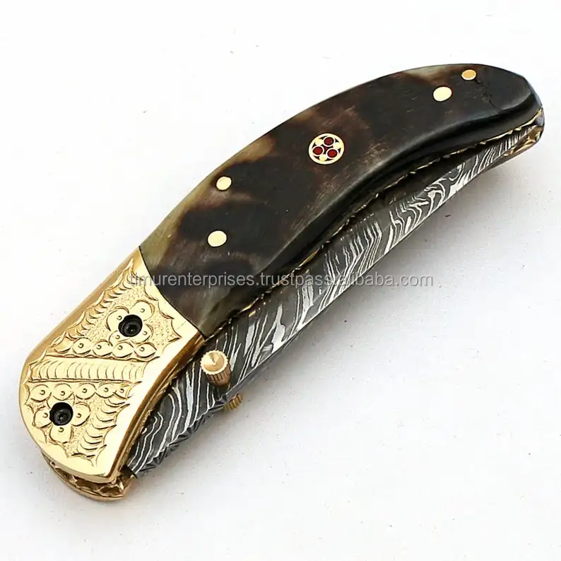 Best price damascus steel blade ram horn  handle hunting skinning knife folding blade knife pocket knife  F-003