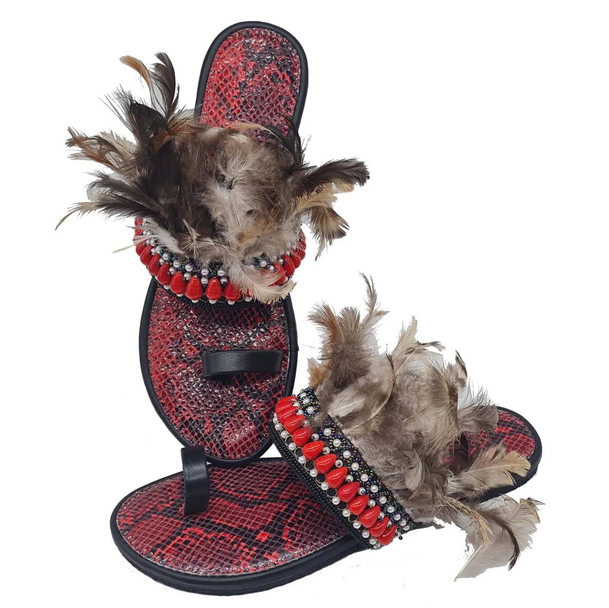 Ethnic Snake Print Ethnic Boho Fashion Style Feather Decoration Crystal Beaded Women Leather Flats Sandal Flip Flop Slippers