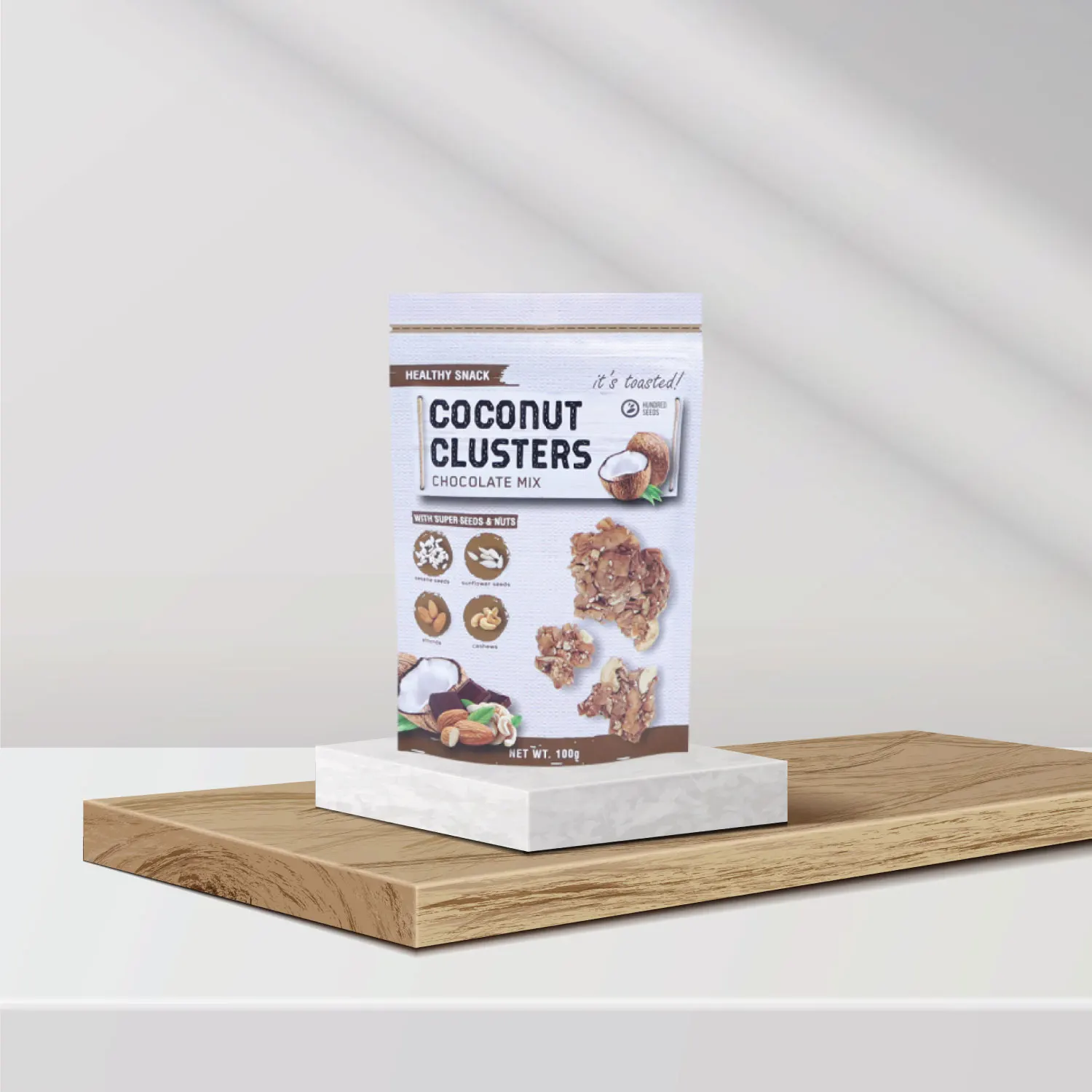 Healthy Daily Snacks Gluten Free Low Fat Granola Creations Coconut Cluster - Chocolate Mix 100g Packaging suitable for Vegan